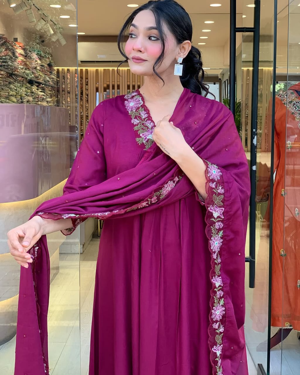 Women Magenta Embroidery M&S Cotton Kurta Pant and Mulmul Dupatta Set