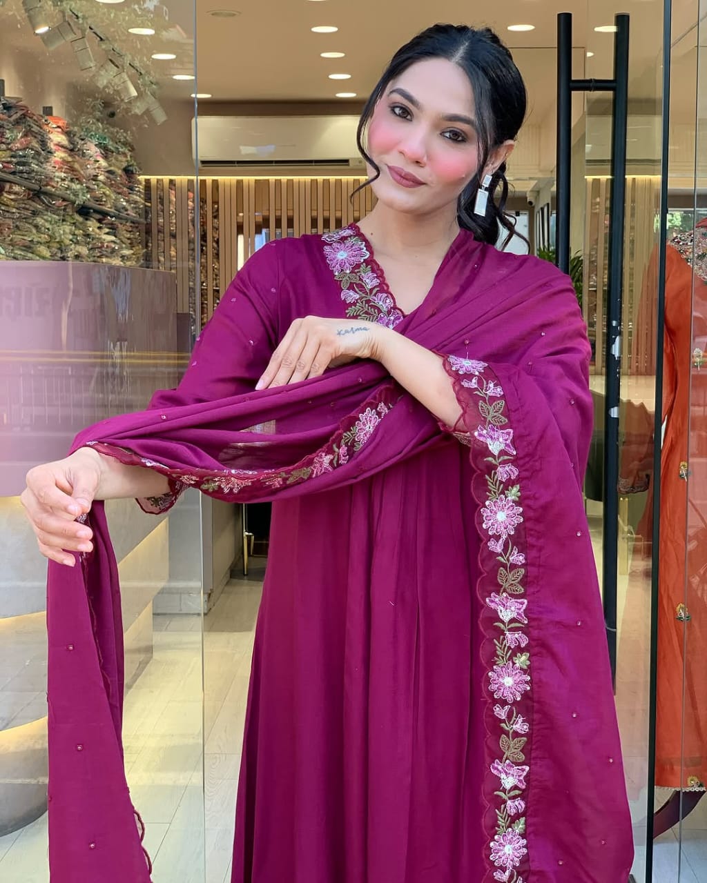 Women Magenta Embroidery M&S Cotton Kurta Pant and Mulmul Dupatta Set