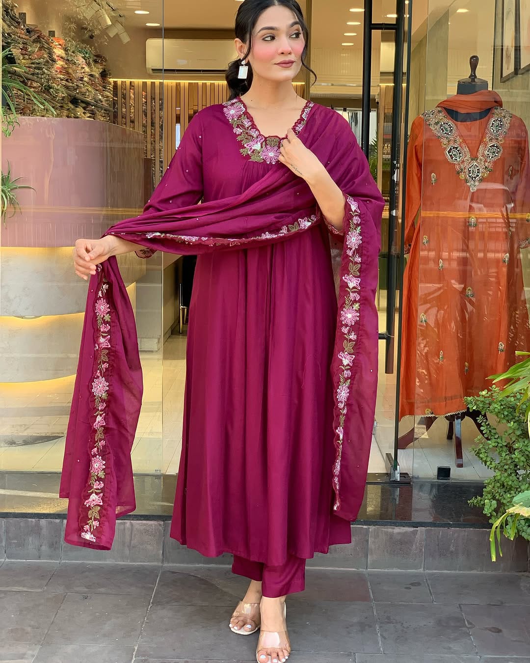 Women Magenta Embroidery M&S Cotton Kurta Pant and Mulmul Dupatta Set