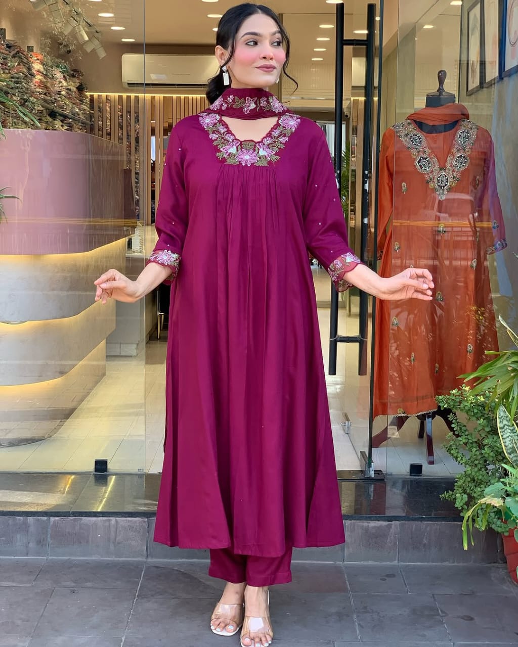Women Magenta Embroidery M&S Cotton Kurta Pant and Mulmul Dupatta Set