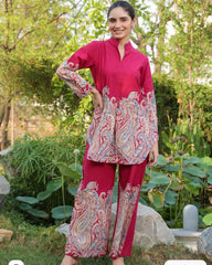 Women Red Lilan Cotton Co-Ord set