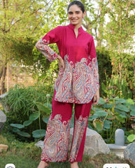 Women Red Lilan Cotton Co-Ord set