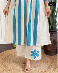 Women Cream Cotton Blue Motif Kurta Pant set
