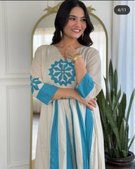 Women Cream Cotton Blue Motif Kurta Pant set