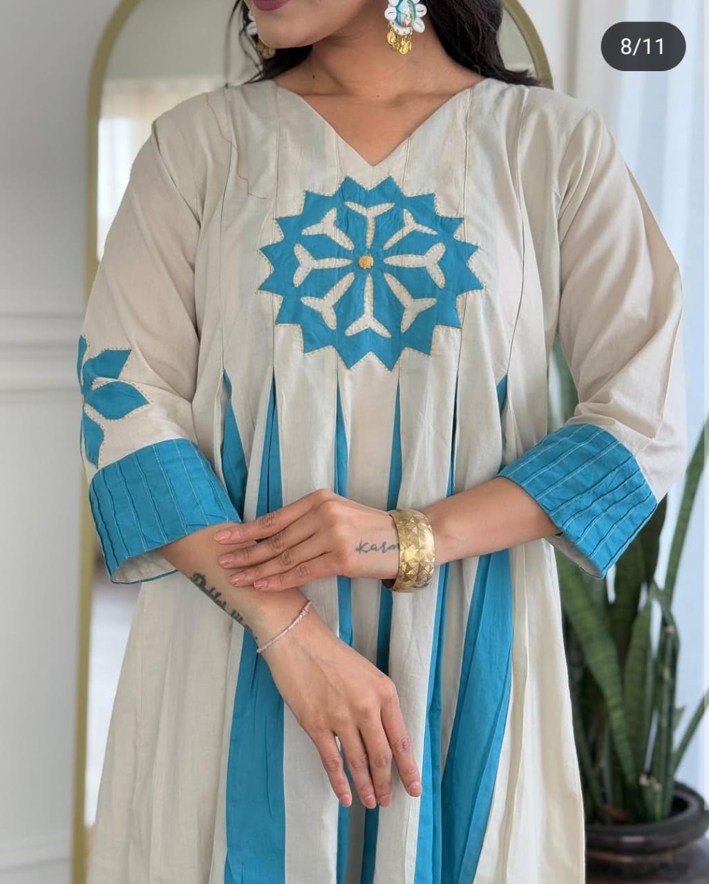 Women Cream Cotton Blue Motif Kurta Pant set
