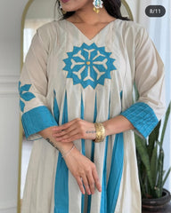 Women Cream Cotton Blue Motif Kurta Pant set