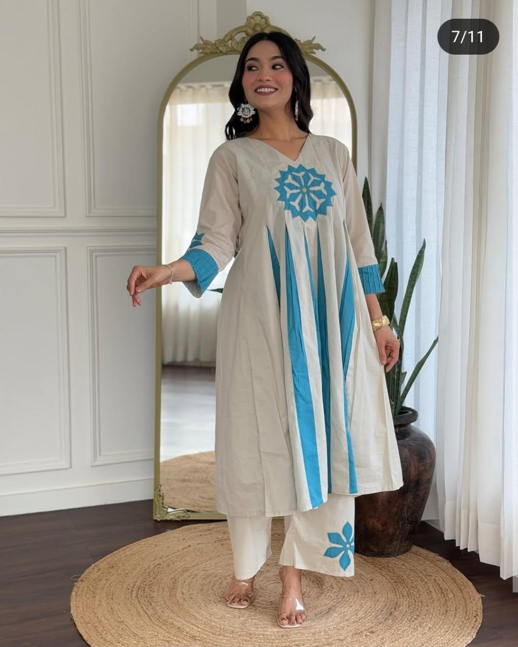 Women Cream Cotton Blue Motif Kurta Pant set