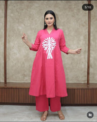 Women Pink Cotton Aplic work Kurta Pant set
