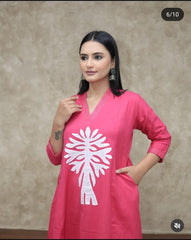 Women Pink Cotton Aplic work Kurta Pant set
