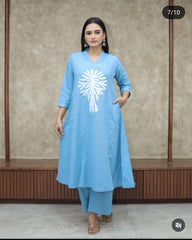 Women Blue Cotton Aplic work Kurta Pant set