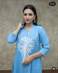 Women Blue Cotton Aplic work Kurta Pant set