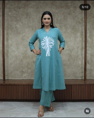 Women Blue Cotton Aplic work Kurta Pant set
