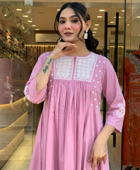 Women Pink Cotton Embroidery Kurta Pant set