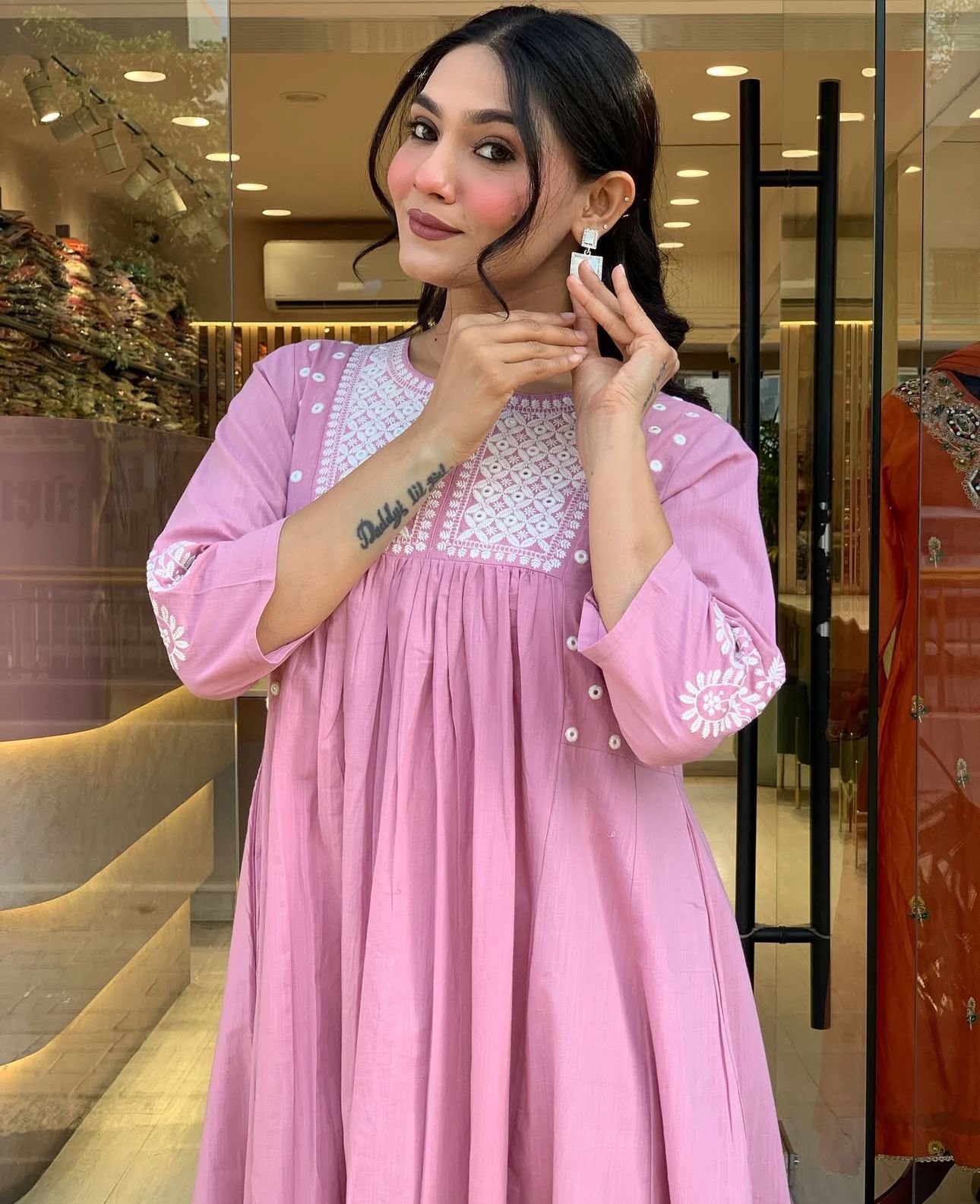Women Pink Cotton Embroidery Kurta Pant set