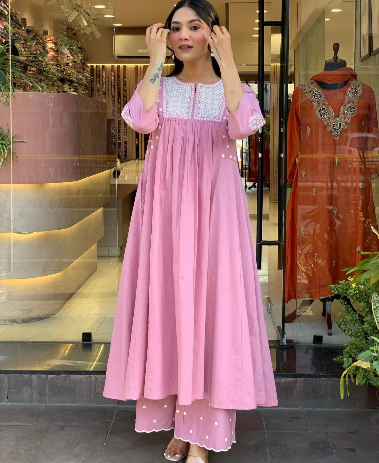 Women Pink Cotton Embroidery Kurta Pant set