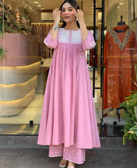 Women Pink Cotton Embroidery Kurta Pant set