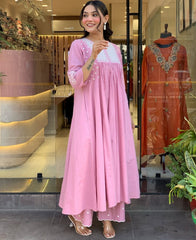 Women Pink Cotton Embroidery Kurta Pant set