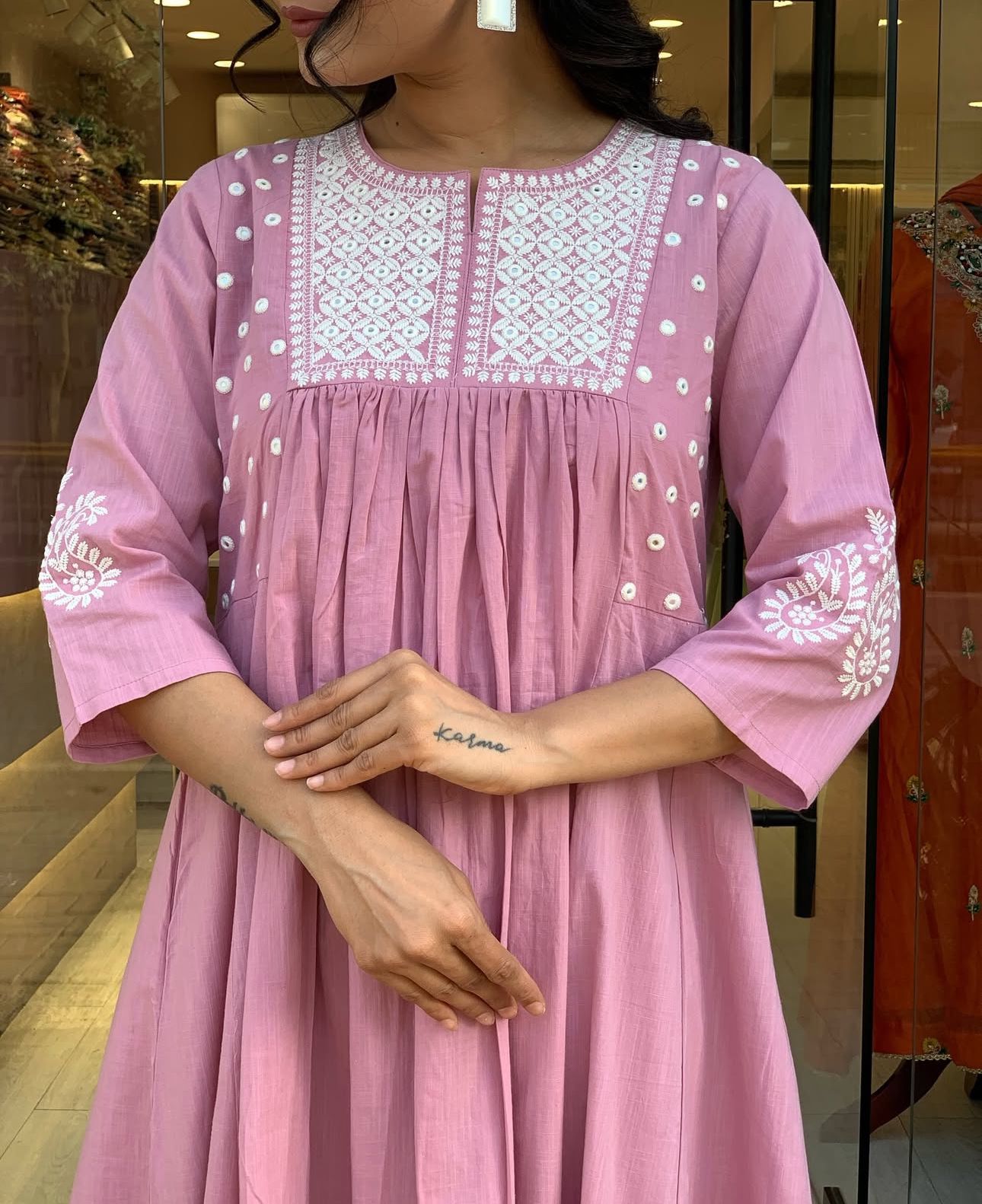 Women Pink Cotton Embroidery Kurta Pant set