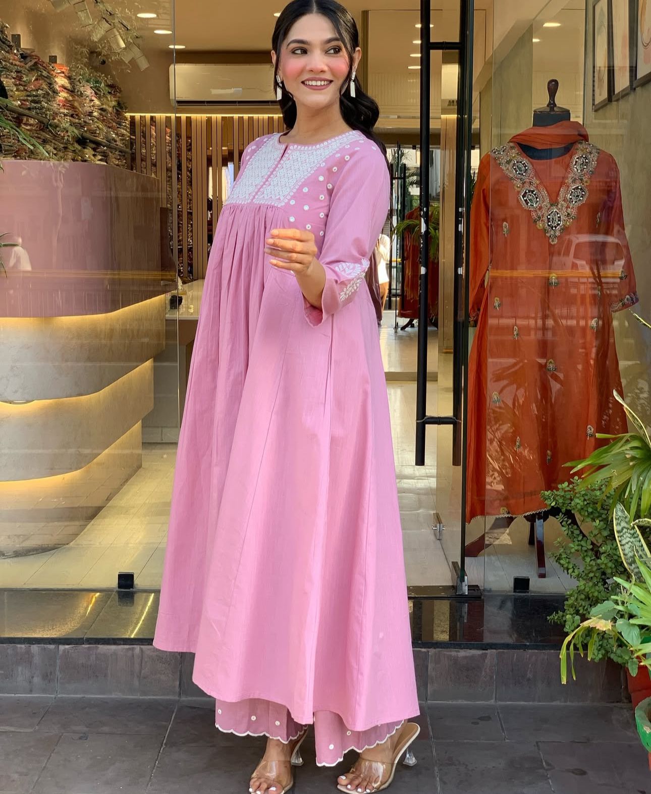 Women Pink Cotton Embroidery Kurta Pant set