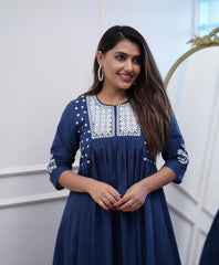Women Blue Cotton Embroidery Kurta Pant set