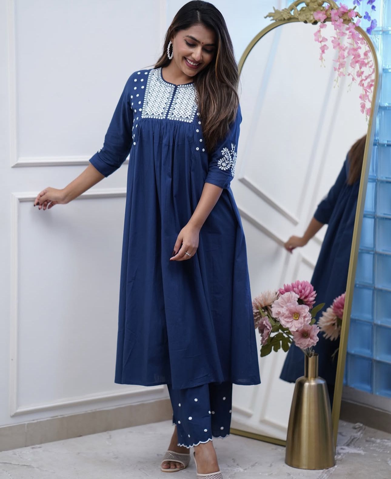 Women Blue Cotton Embroidery Kurta Pant set