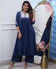 Women Blue Cotton Embroidery Kurta Pant set