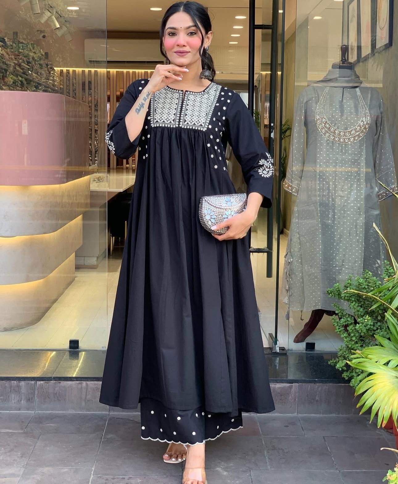 Women Black Cotton Embroidery Kurta Pant set