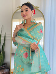 Women Mint Green Pure Simmer Jacquard Kurta Pant and Dupatta set