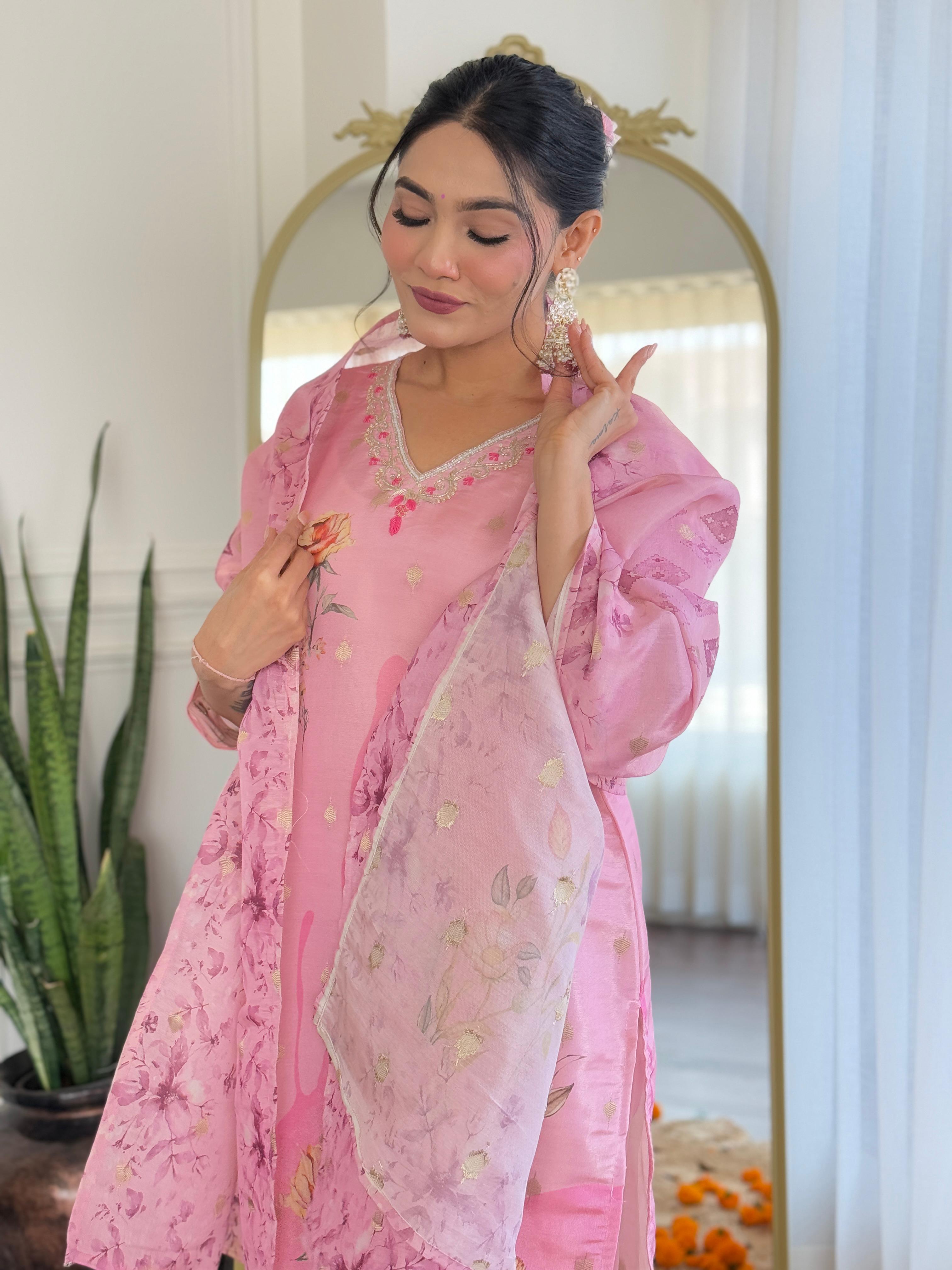 Women Pink Pure Simmer Jacquard Kurta Pant and Dupatta set