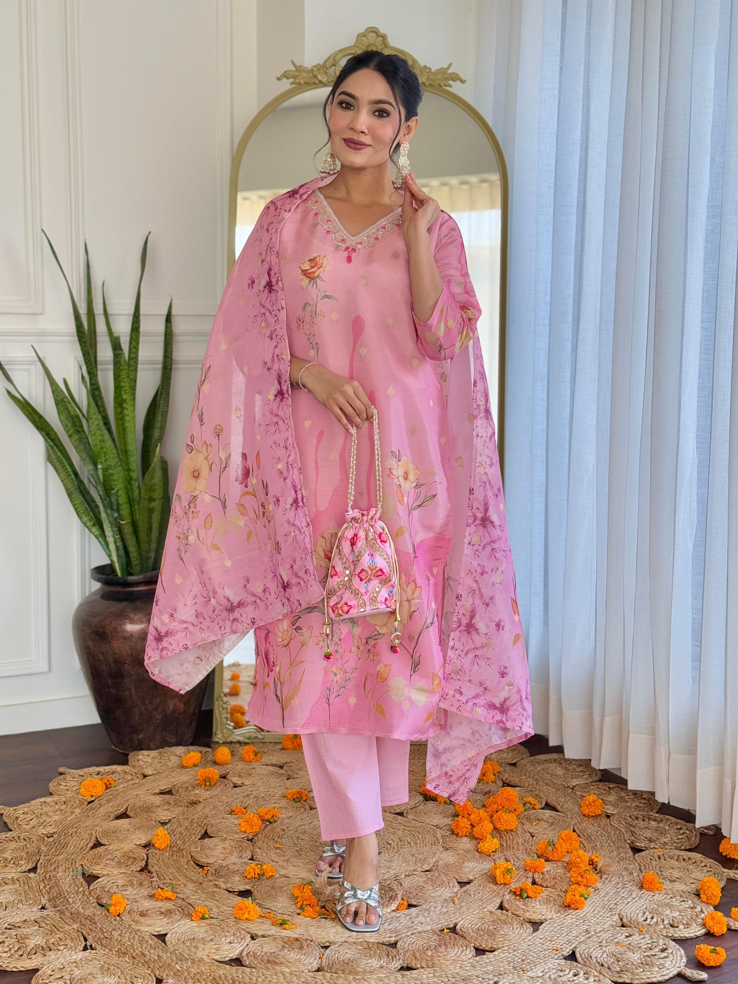 Women Pink Pure Simmer Jacquard Kurta Pant and Dupatta set