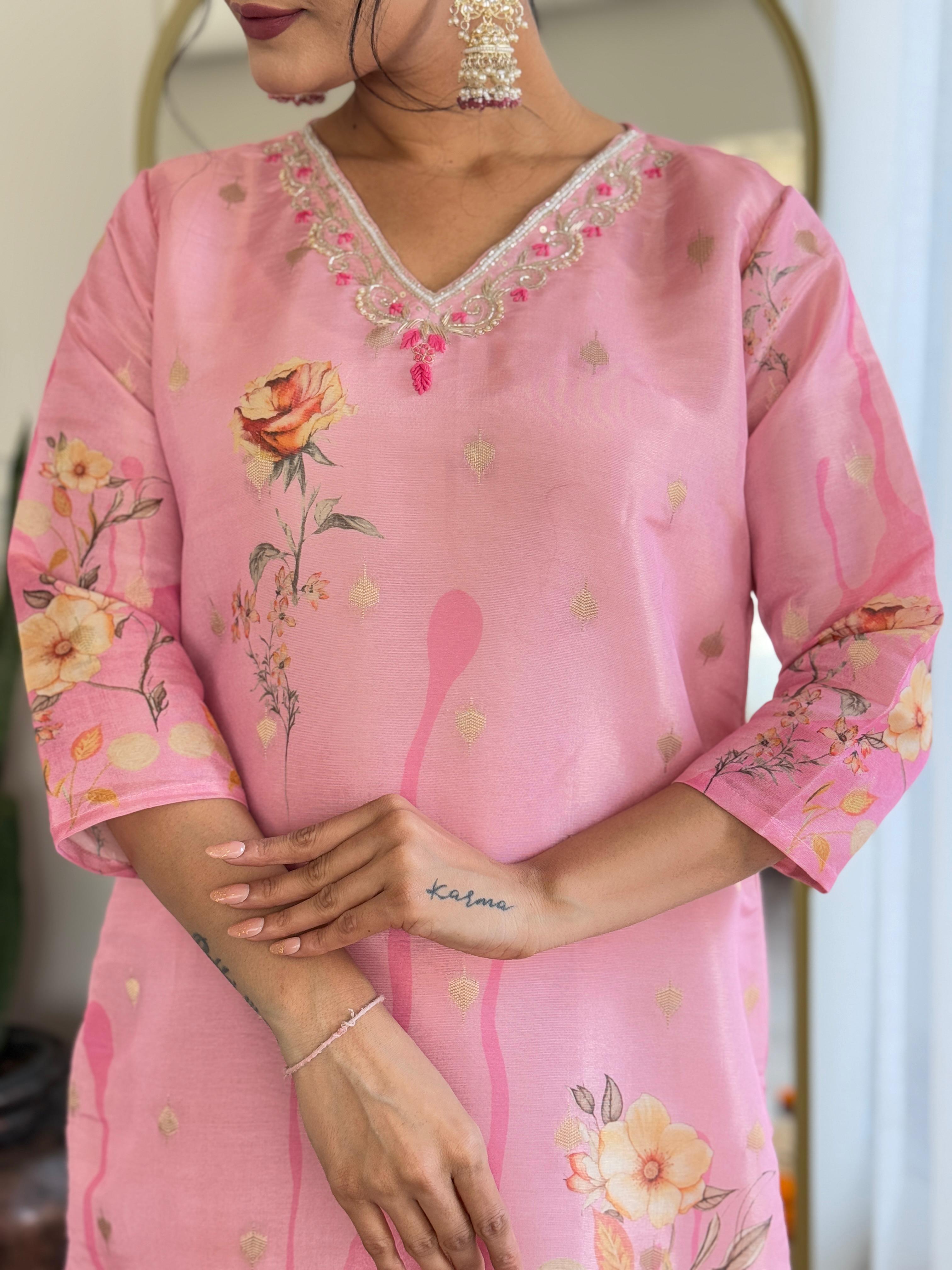 Women Pink Pure Simmer Jacquard Kurta Pant and Dupatta set