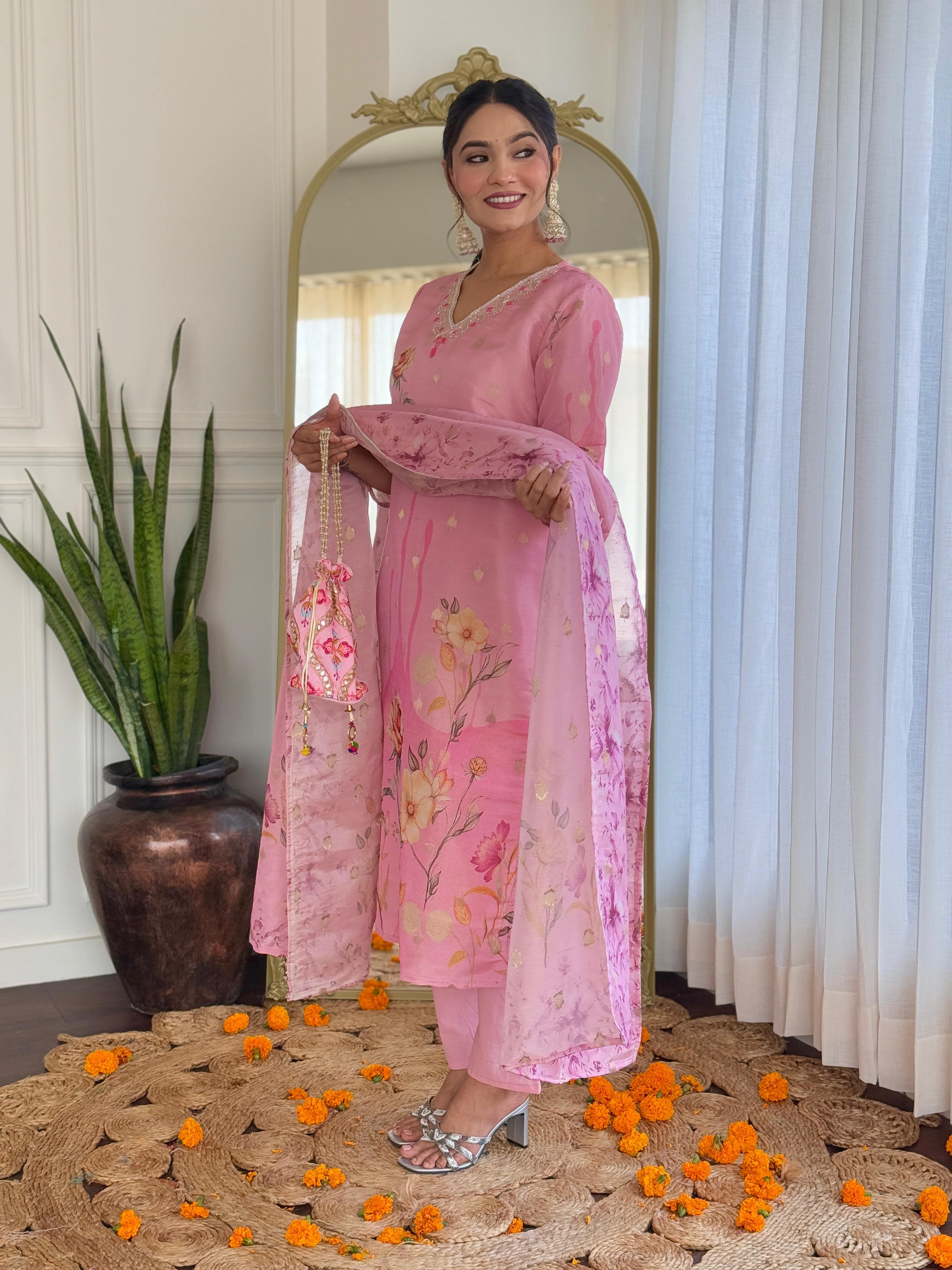 Women Pink Pure Simmer Jacquard Kurta Pant and Dupatta set