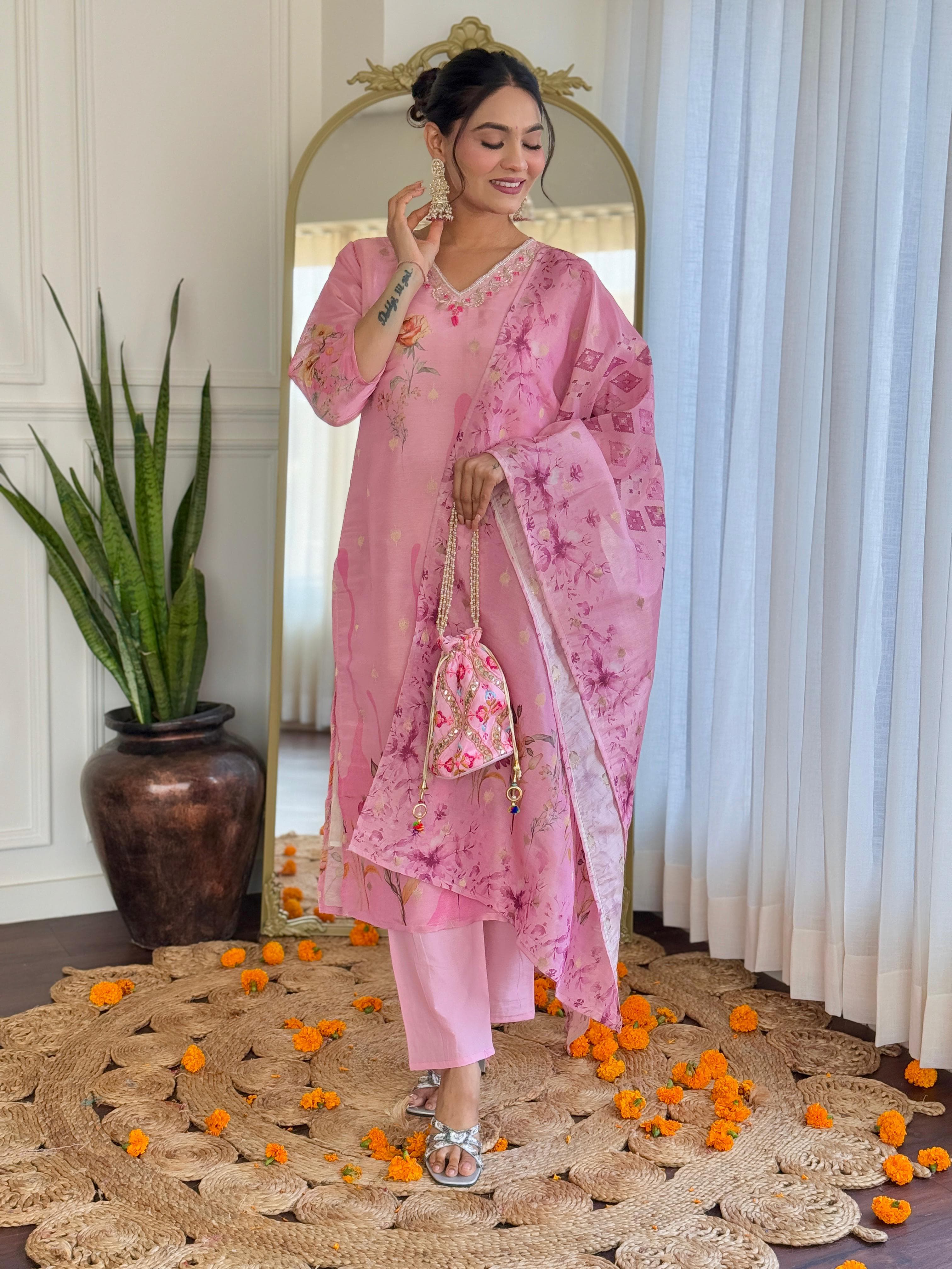 Women Pink Pure Simmer Jacquard Kurta Pant and Dupatta set