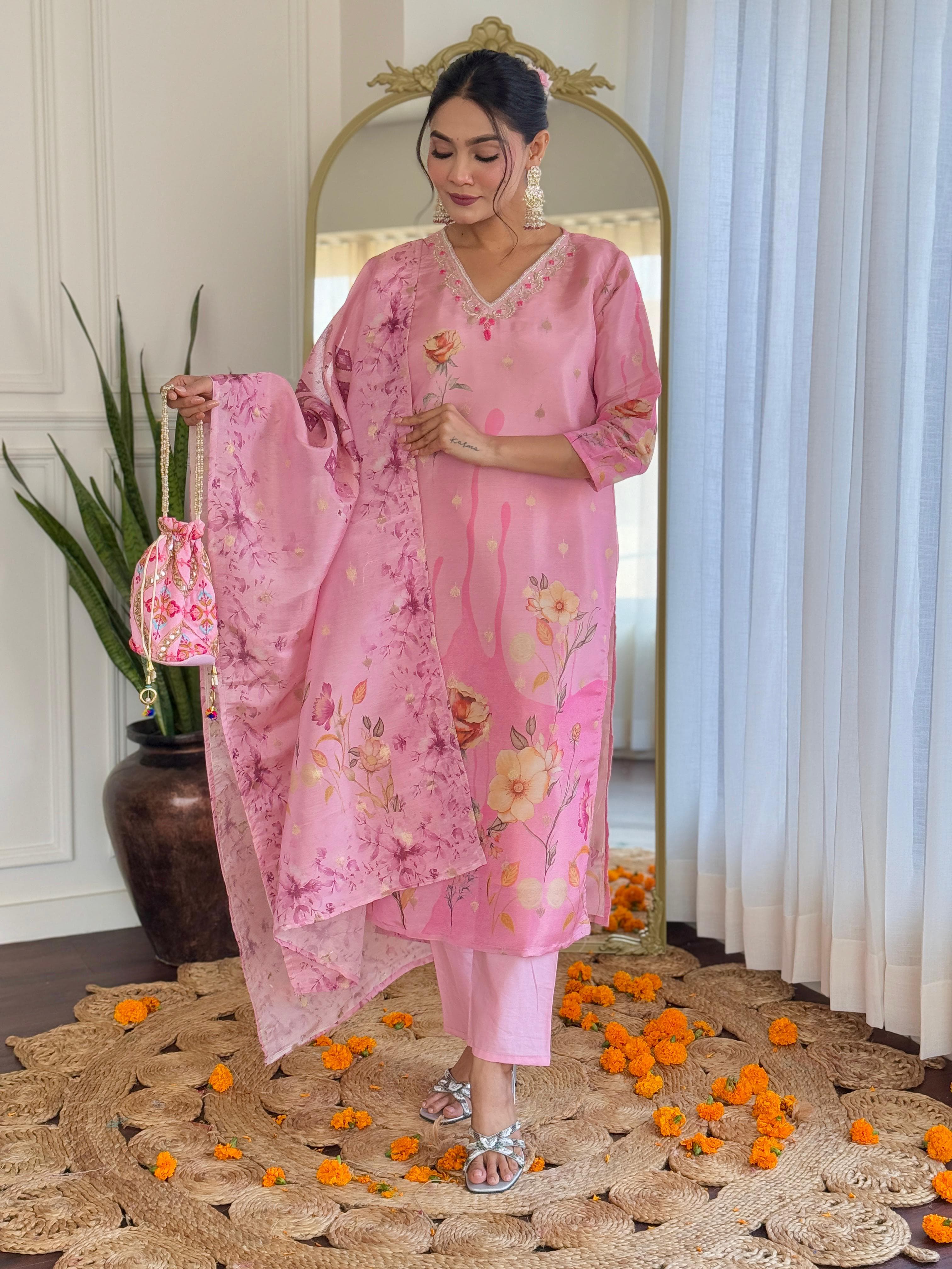 Women Pink Pure Simmer Jacquard Kurta Pant and Dupatta set