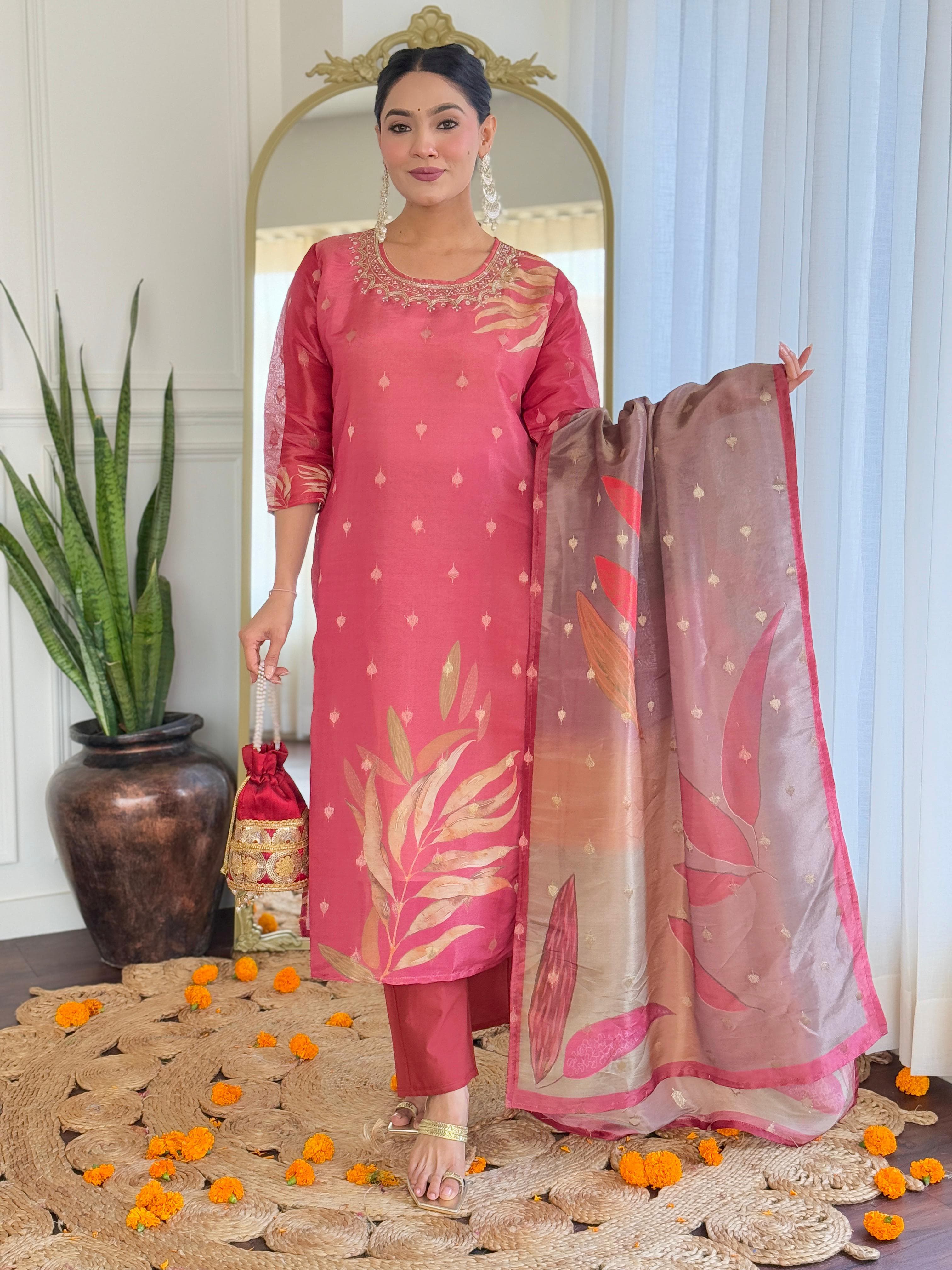 Women Maroon Pure Simmer Jacquard Kurta Pant and Dupatta set