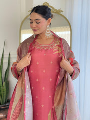 Women Maroon Pure Simmer Jacquard Kurta Pant and Dupatta set