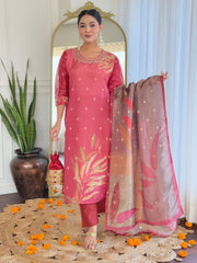 Women Maroon Pure Simmer Jacquard Kurta Pant and Dupatta set