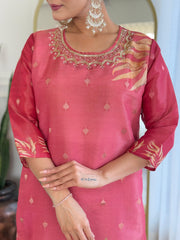 Women Maroon Pure Simmer Jacquard Kurta Pant and Dupatta set