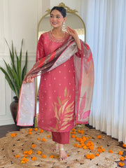 Women Maroon Pure Simmer Jacquard Kurta Pant and Dupatta set
