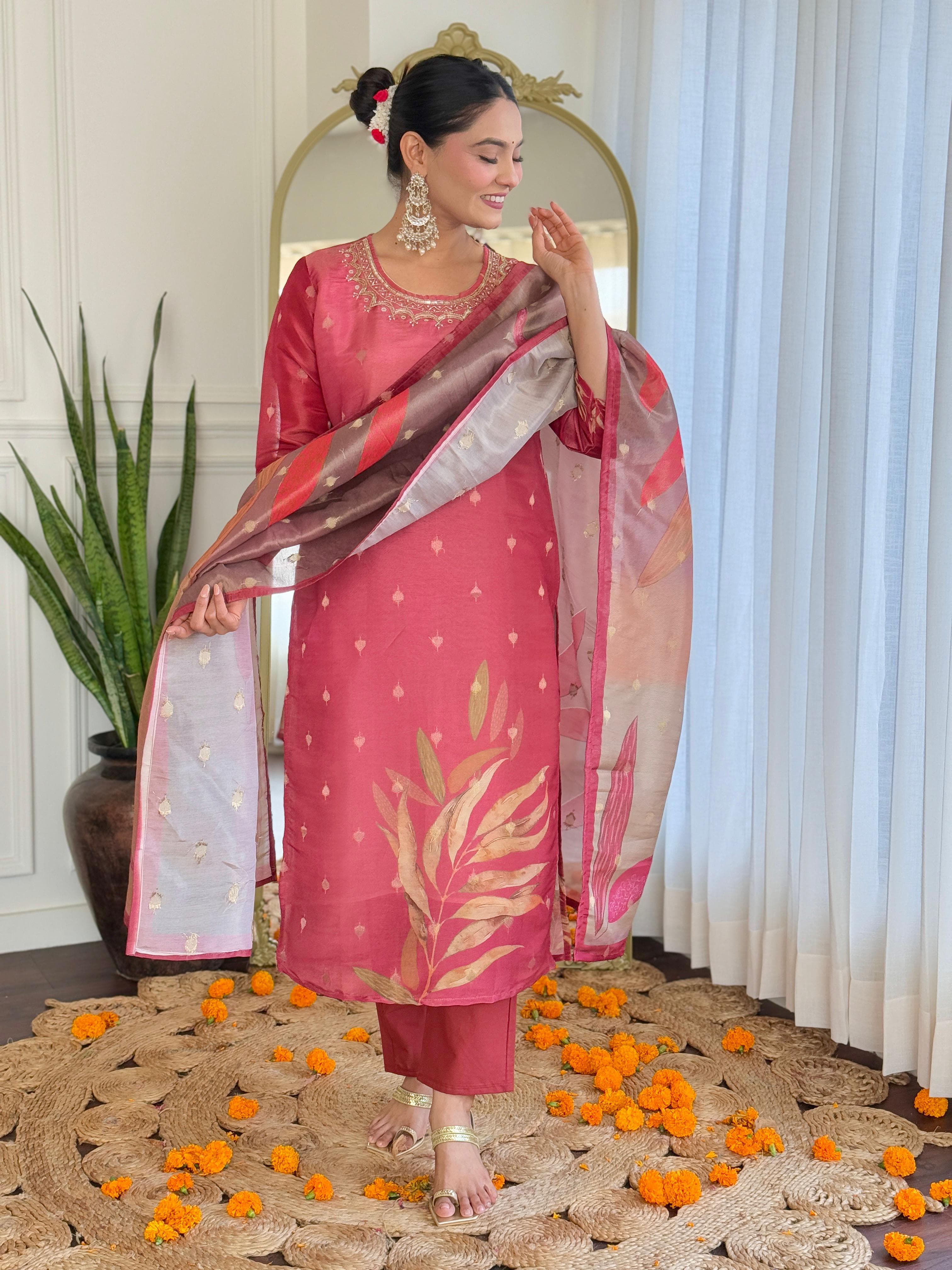 Women Maroon Pure Simmer Jacquard Kurta Pant and Dupatta set