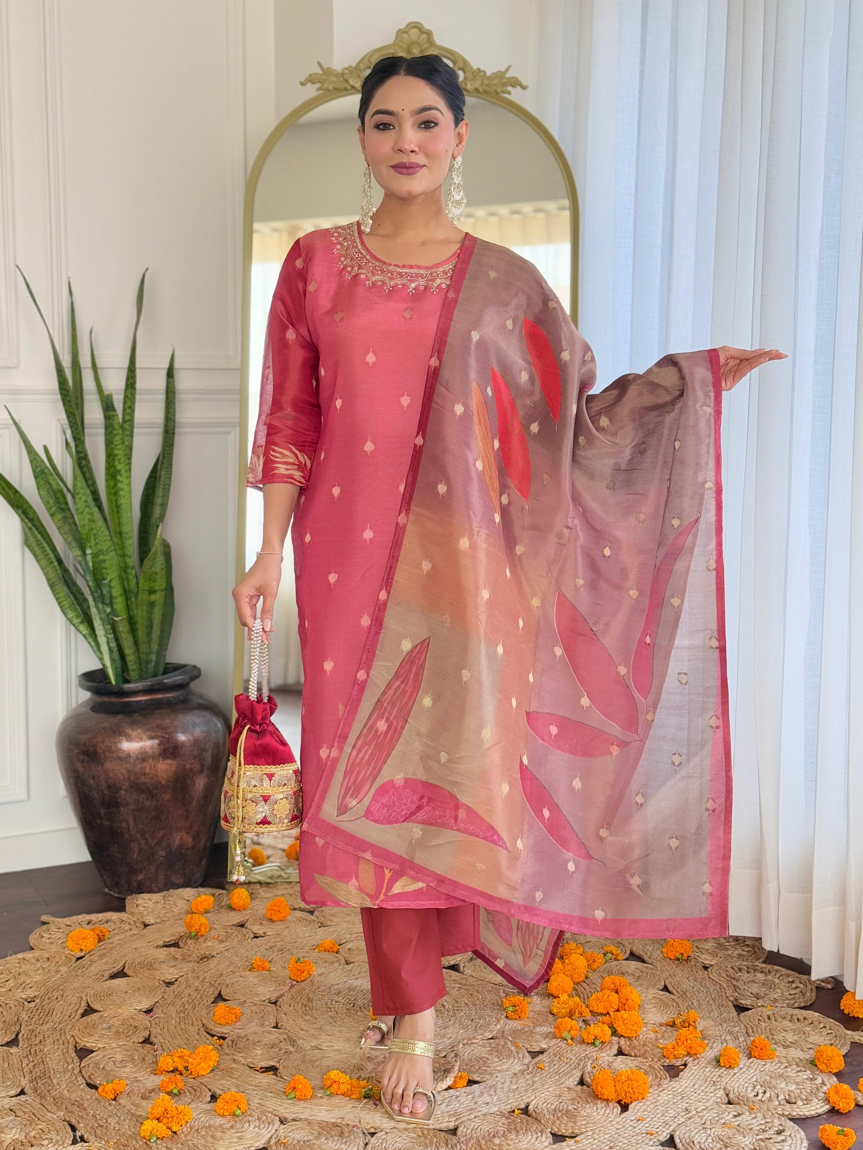 Women Maroon Pure Simmer Jacquard Kurta Pant and Dupatta set