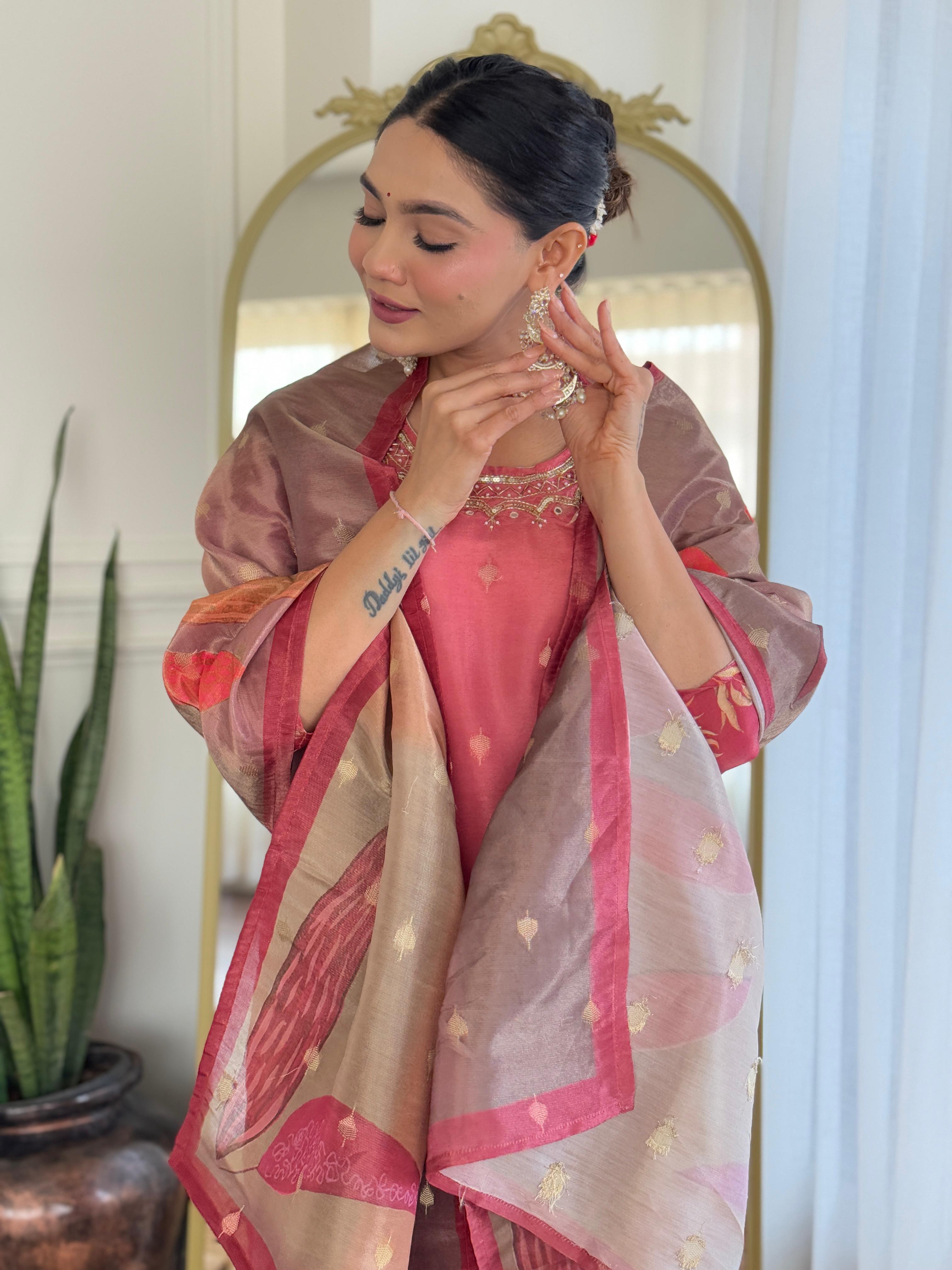 Women Maroon Pure Simmer Jacquard Kurta Pant and Dupatta set