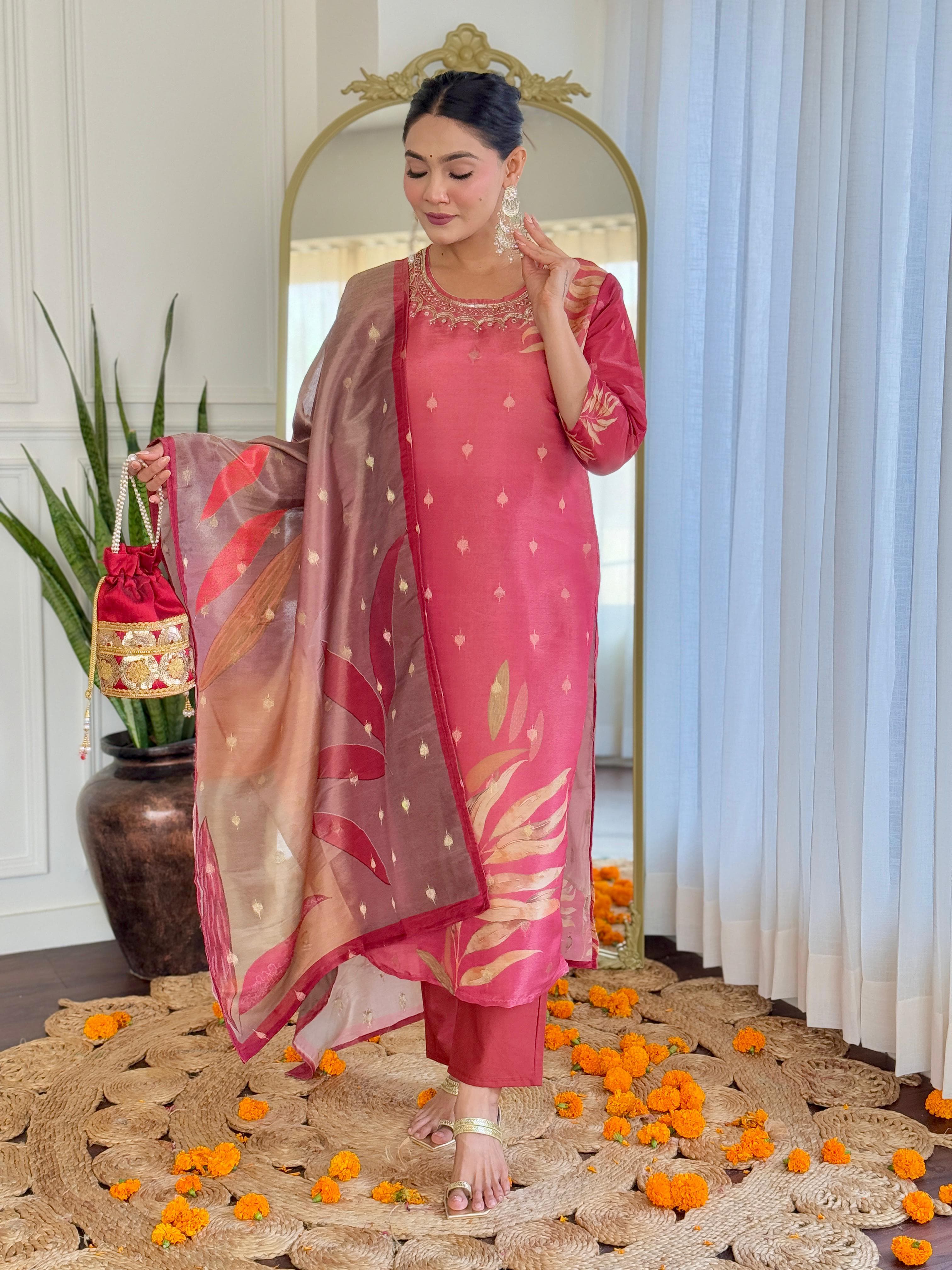 Women Maroon Pure Simmer Jacquard Kurta Pant and Dupatta set