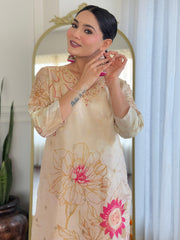 Women  Beige Pure Simmer Jacquard Kurta Pant and Dupatta set
