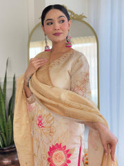 Women  Beige Pure Simmer Jacquard Kurta Pant and Dupatta set