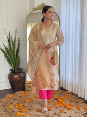 Women  Beige Pure Simmer Jacquard Kurta Pant and Dupatta set