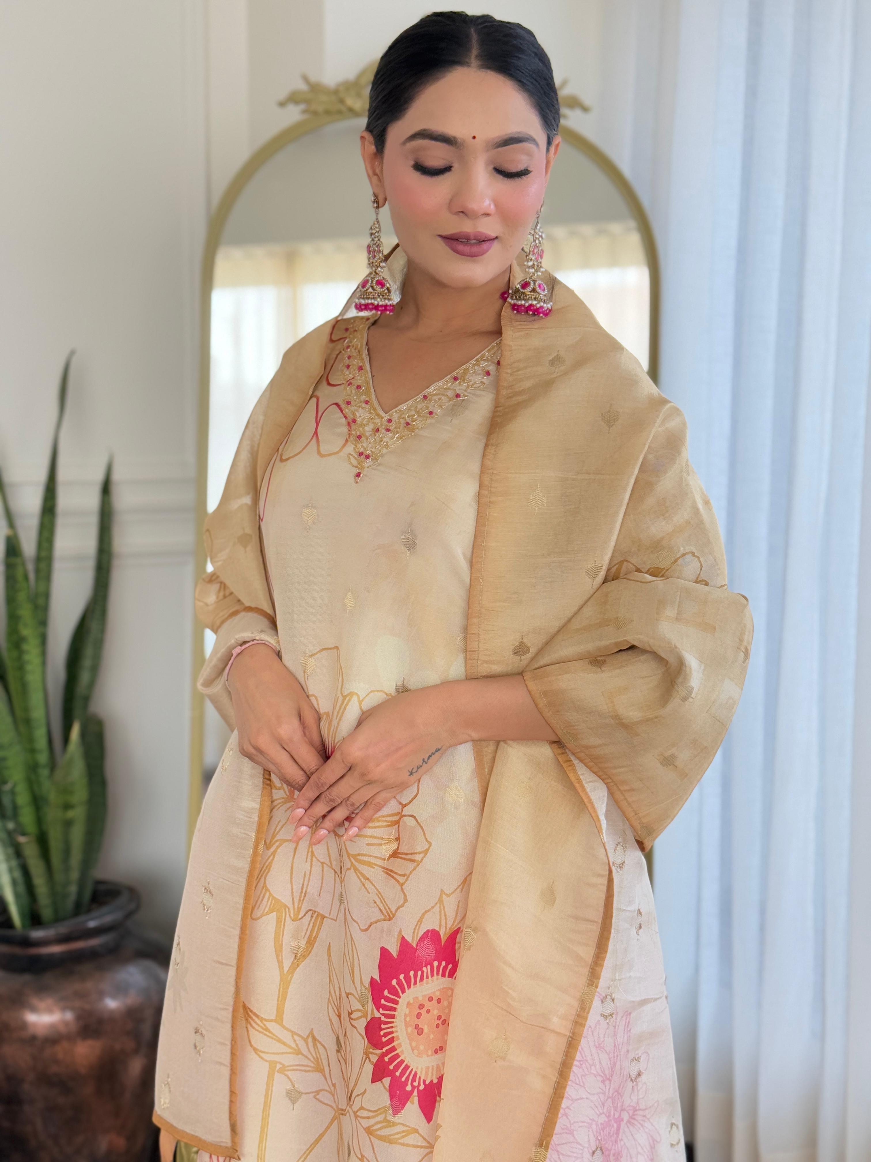 Women  Beige Pure Simmer Jacquard Kurta Pant and Dupatta set