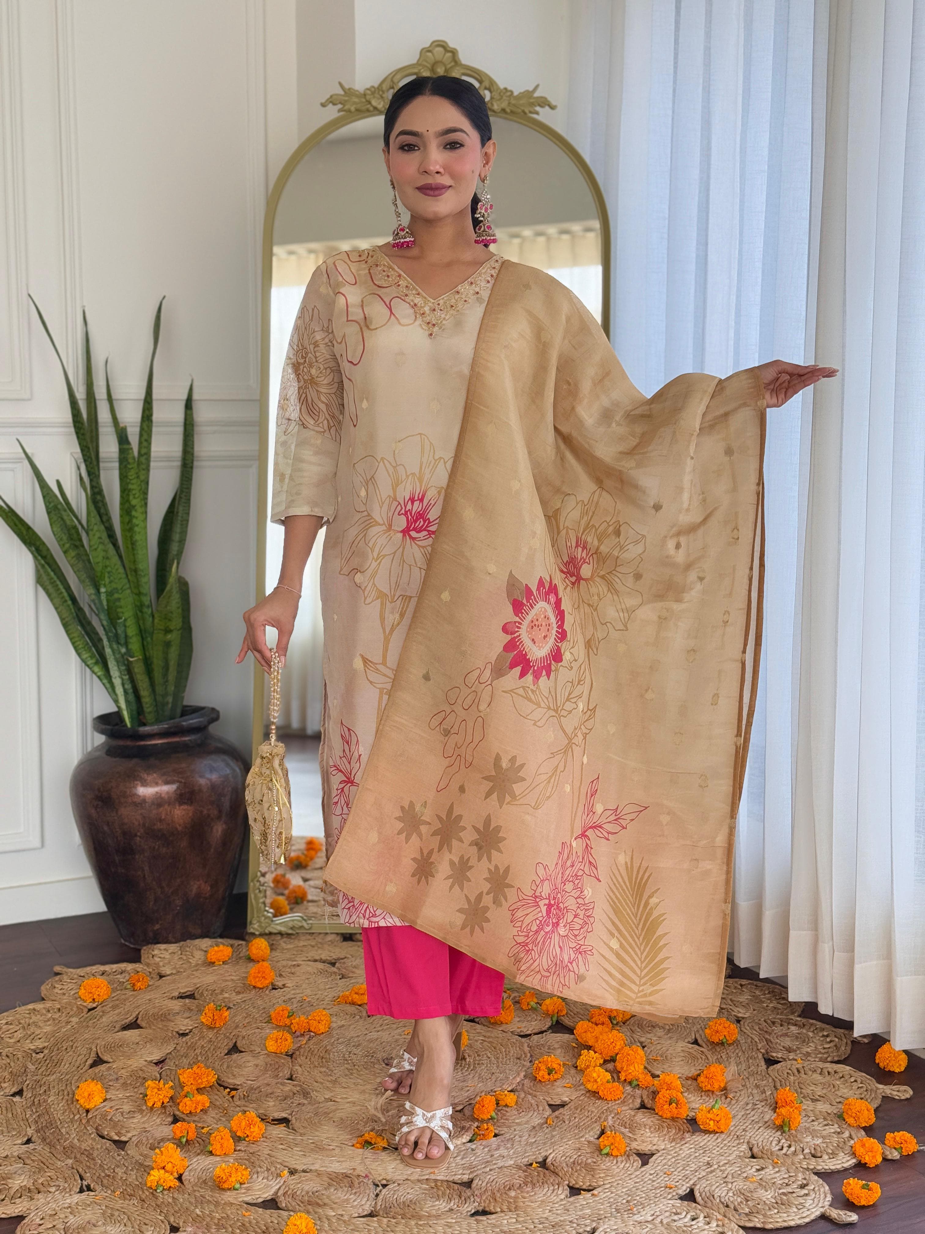 Women  Beige Pure Simmer Jacquard Kurta Pant and Dupatta set