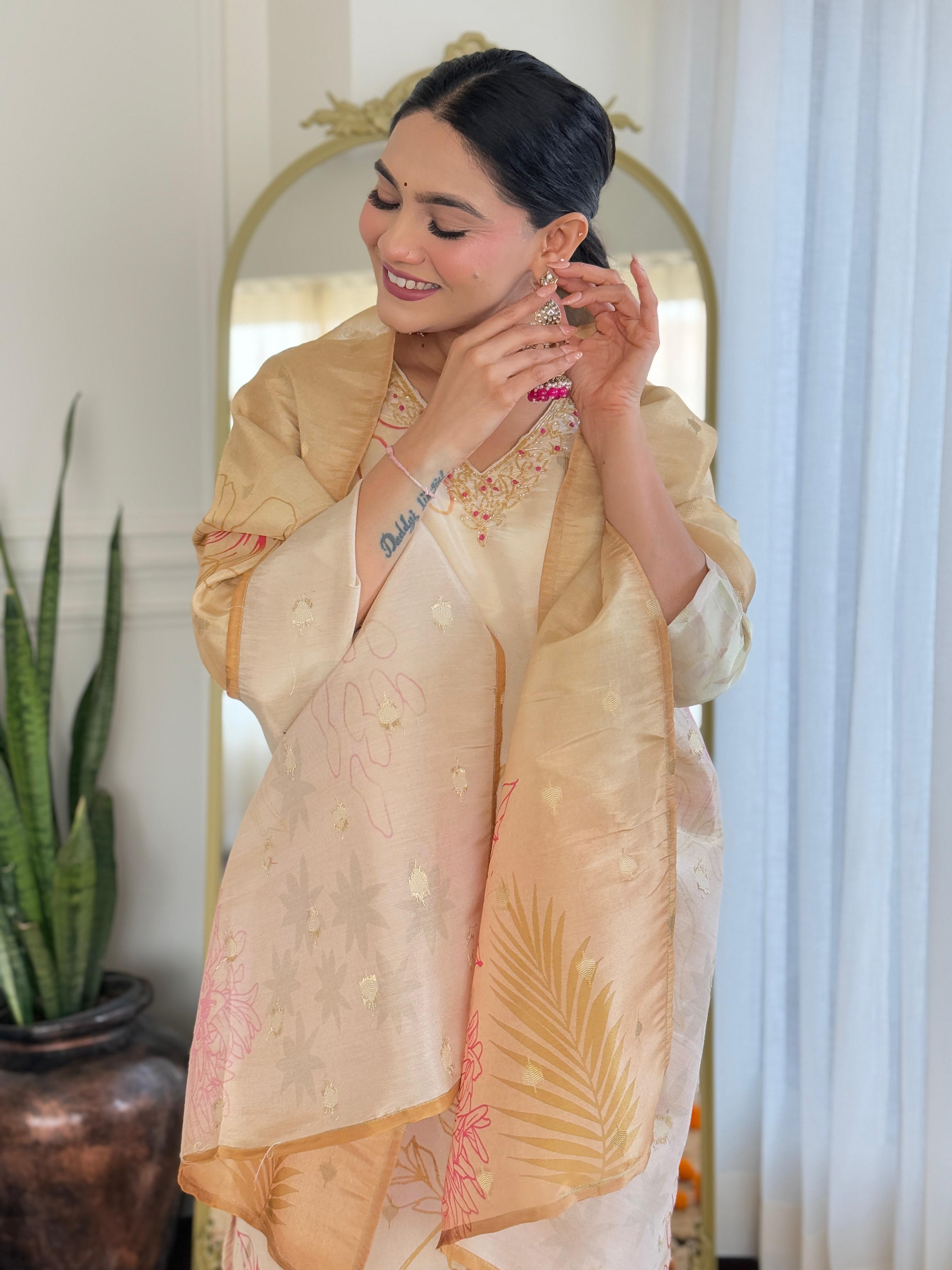 Women  Beige Pure Simmer Jacquard Kurta Pant and Dupatta set