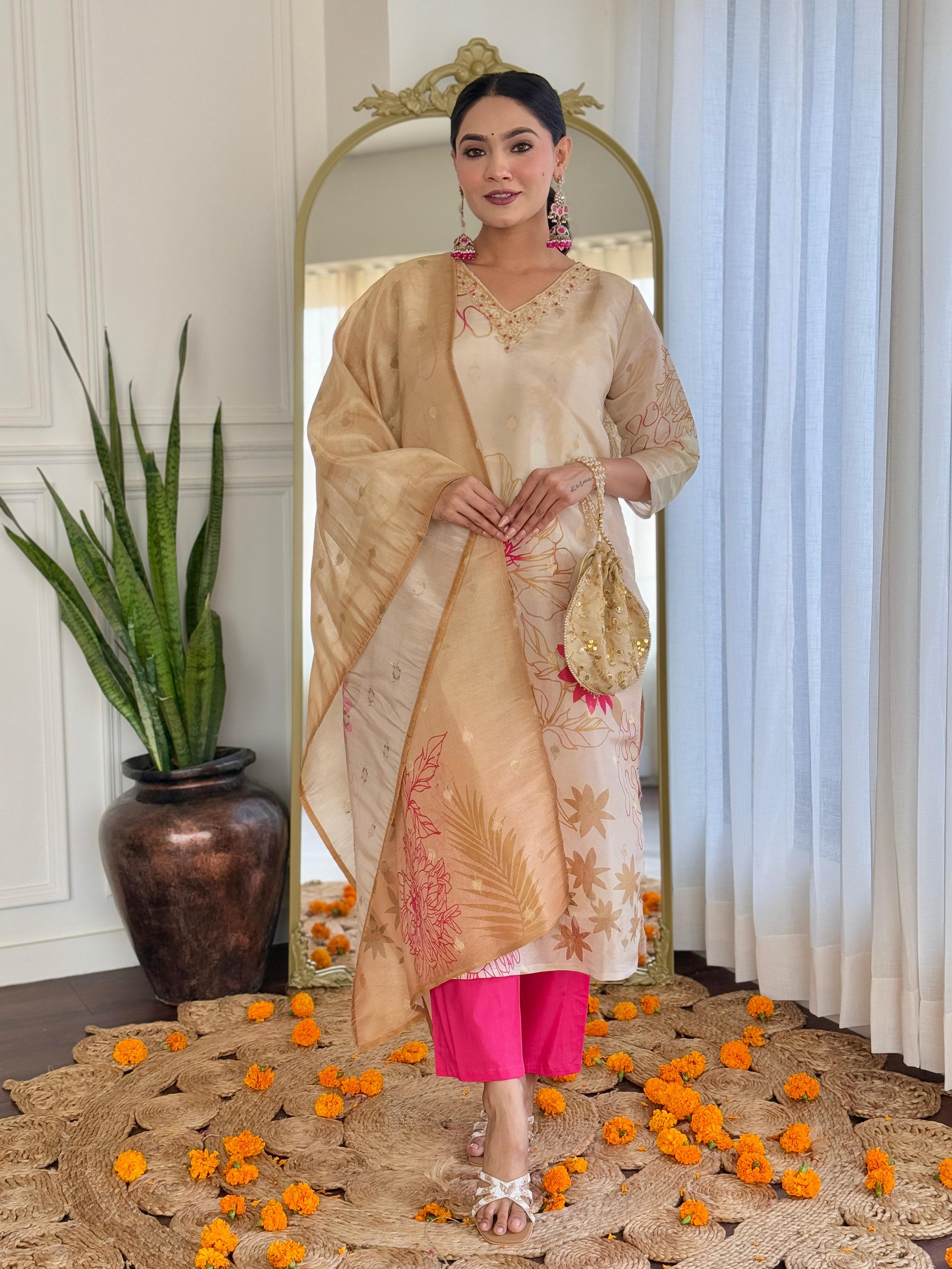 Women  Beige Pure Simmer Jacquard Kurta Pant and Dupatta set